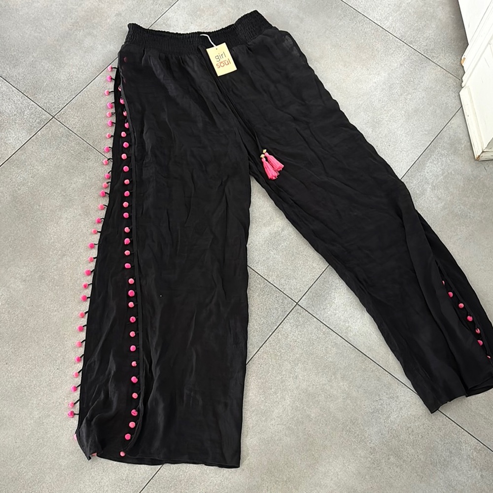 Black Beach Pants with Pink Pom-Pom Trim NWT
